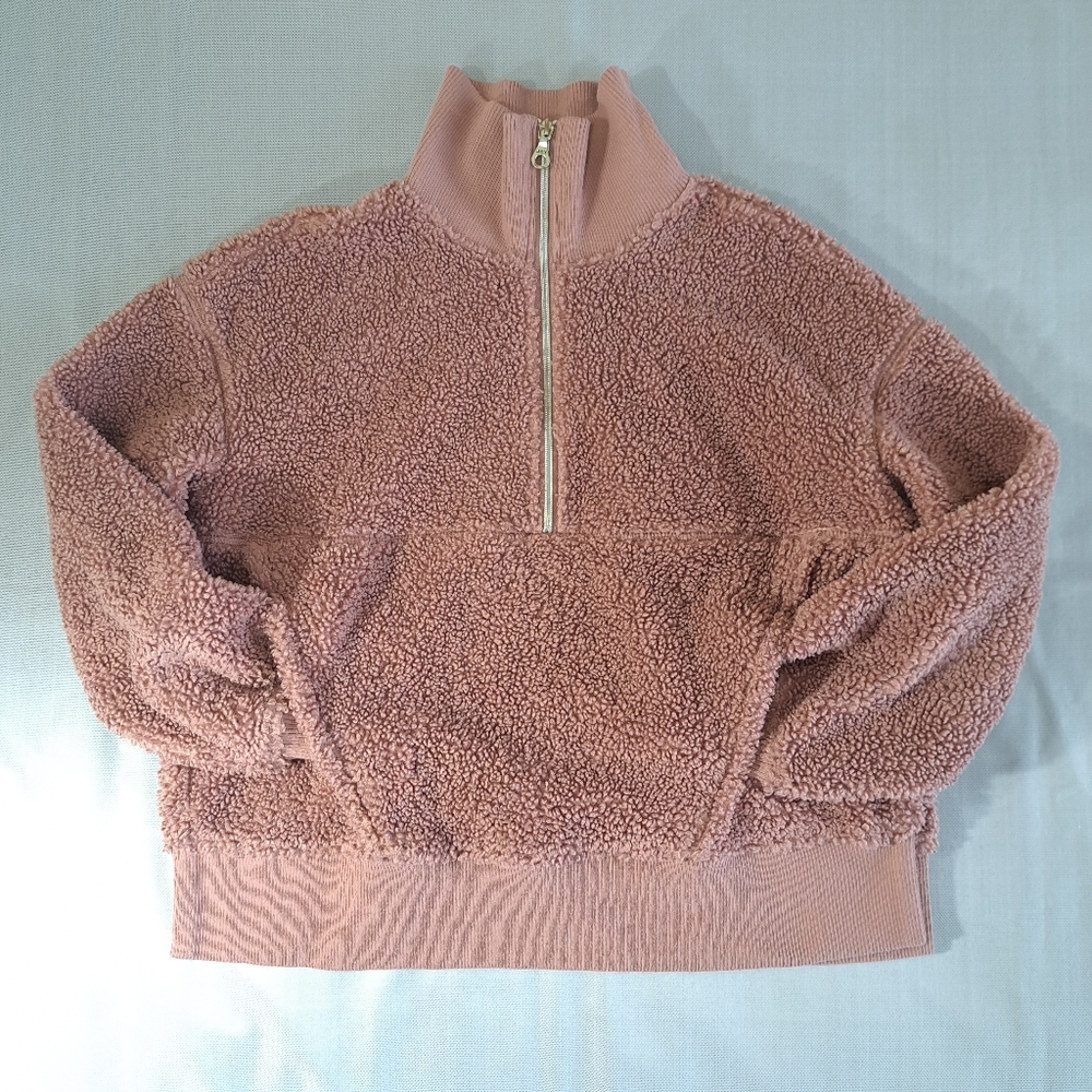 Joy Lab Women Oversized Fleece Jacket M Pullover Half Zipper Mock Neck Old Pink - Picture 15 of 16